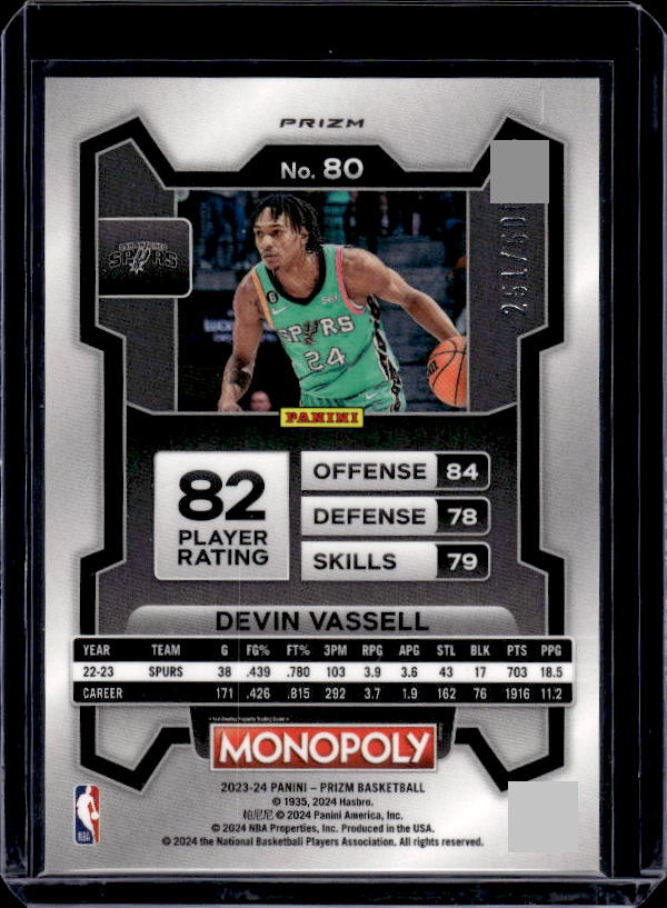 2023-24 Panini Prizm Monopoly #80 Devin Vassell Gold Millionaire Shimmer #/500