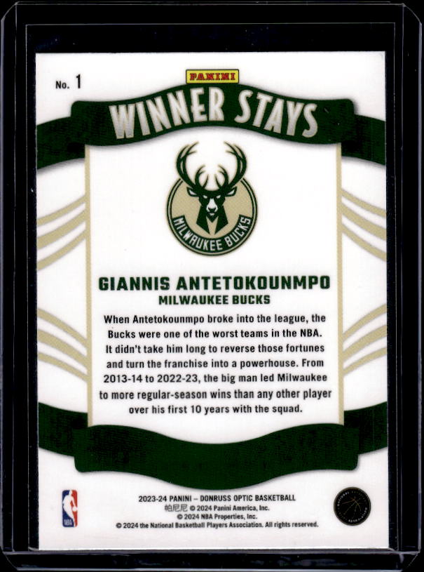 2023-24 Donruss Optic #1 Giannis Antetokounmpo Winner Stays