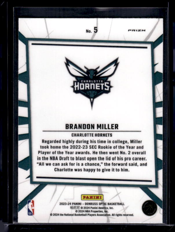 2023-24 Donruss Optic #5 Brandon Miller My House Purple
