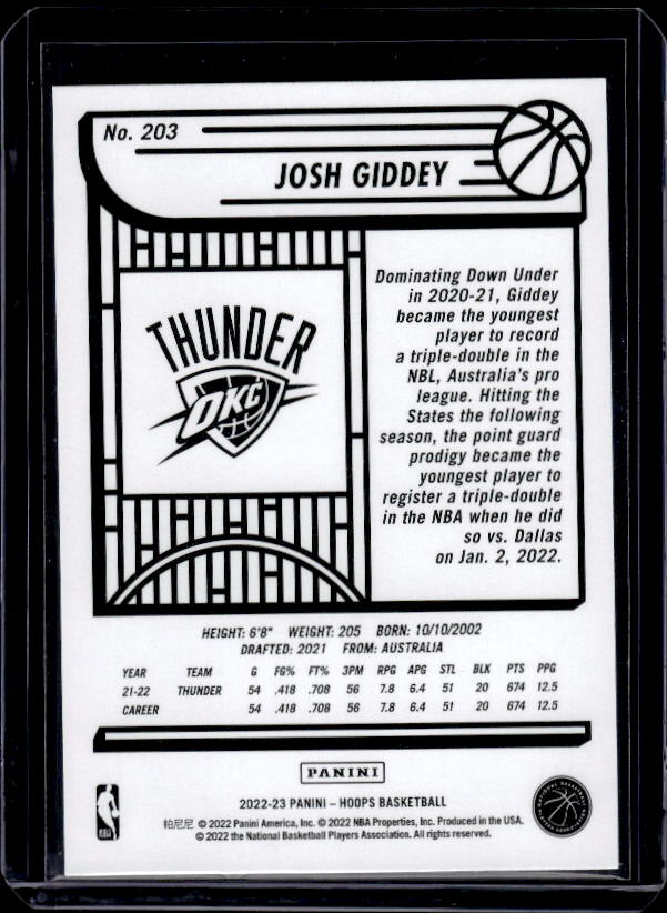 2022-23 Hoops #203 Josh Giddey Purple