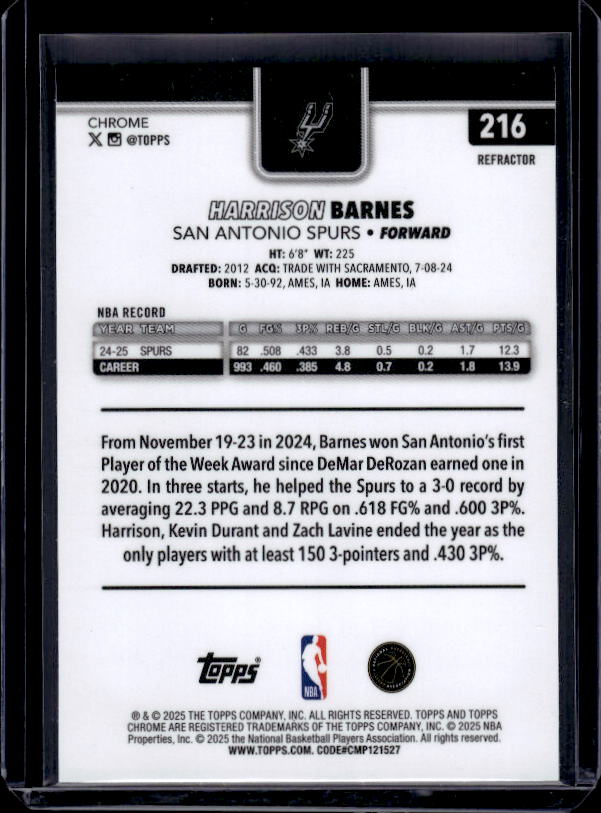 2025-26 Topps Chrome #216 Harrison Barnes Refractor