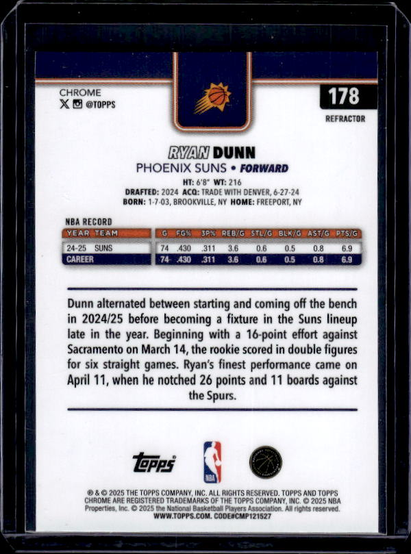 2025-26 Topps Chrome #178 Ryan Dunn Refractor