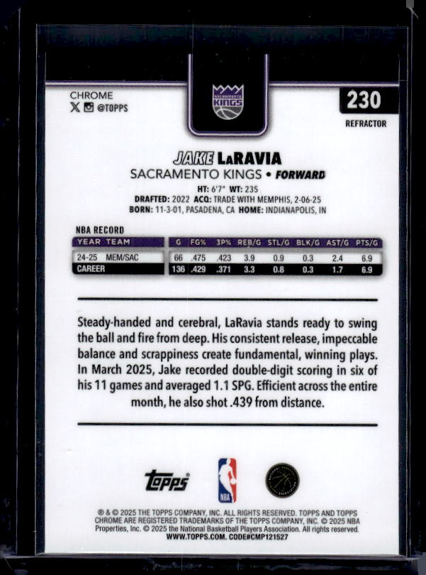 2025-26 Topps Chrome #230 Jake LaRavia Refractor