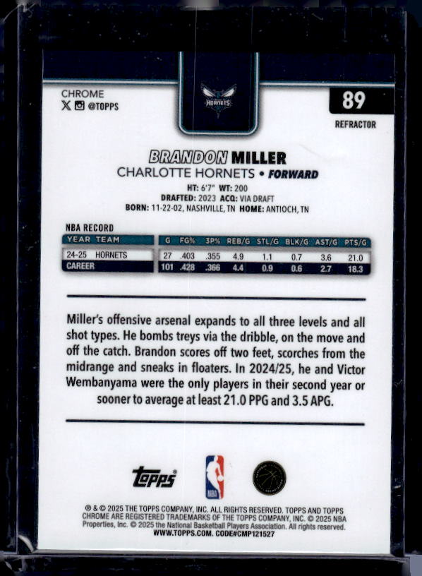2025-26 Topps Chrome #89 Brandon Miller Refractor