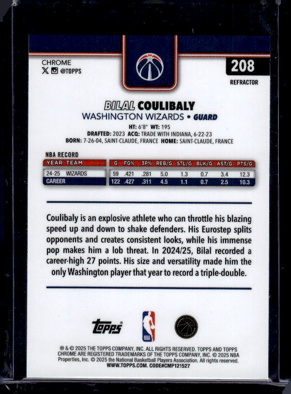2025-26 Topps Chrome #208 Bilal Coulibaly Refractor