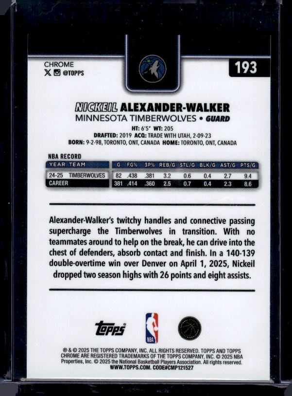 2025-26 Topps Chrome #193 Nickeil Alexander-Walker Refractor