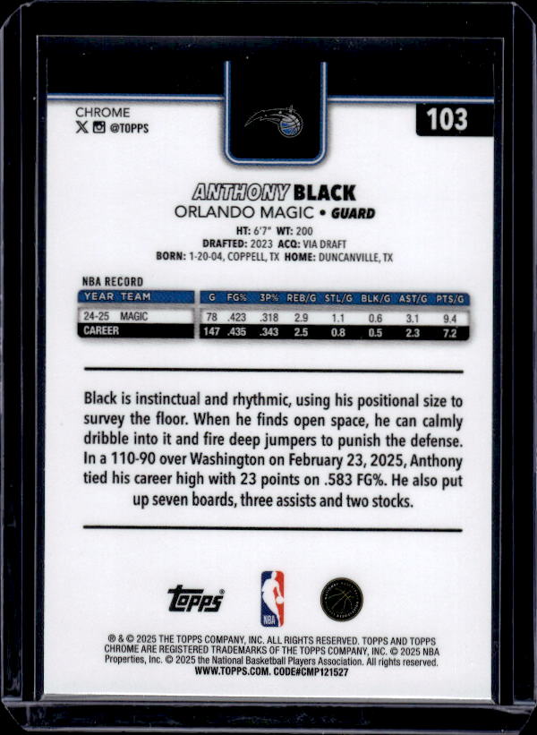 2025-26 Topps Chrome #103 Anthony Black Refractor