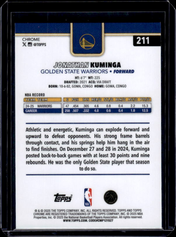 2025-26 Topps Chrome #211 Jonathan Kuminga Refractor