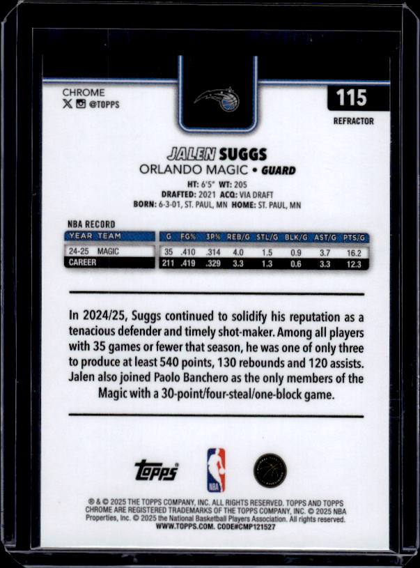 2025-26 Topps Chrome #115 Jalen Suggs Refractor