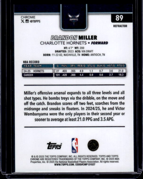 2025-26 Topps Chrome #89 Brandon Miller Refractor