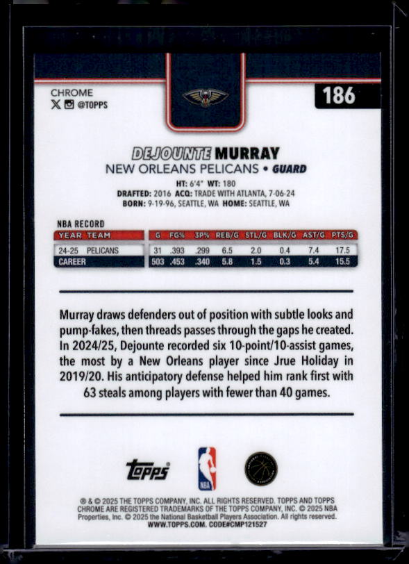 2025-26 Topps Chrome #186 Dejounte Murray Refractor