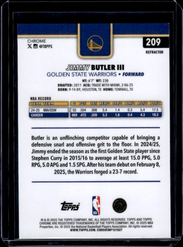 2025-26 Topps Chrome #209 Jimmy Butler III Refractor