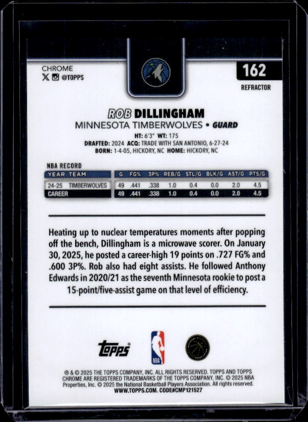 2025-26 Topps Chrome #162 Rob Dillingham Refractor