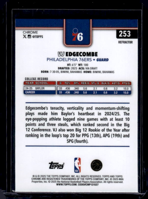 2025-26 Topps Chrome #253 VJ Edgecombe Refractor