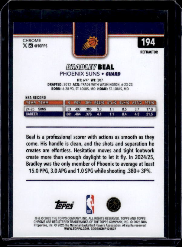 2025-26 Topps Chrome #194 Bradley Beal Refractor