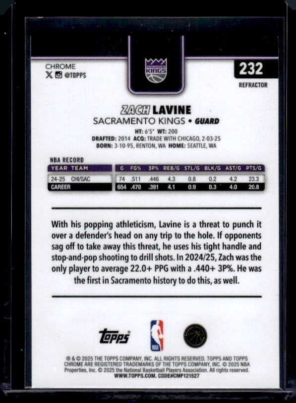 2025-26 Topps Chrome #232 Zach LaVine Refractor