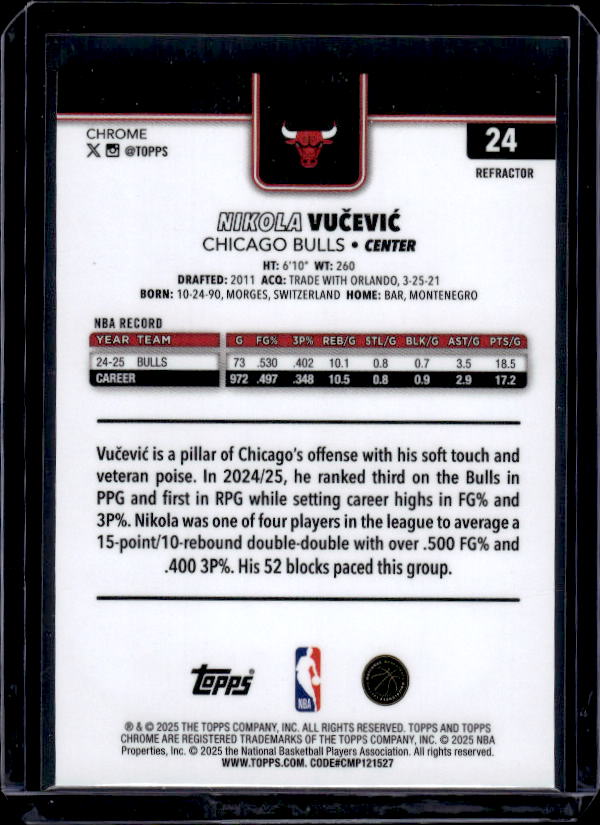 2025-26 Topps Chrome #24 Nikola Vučević Refractor