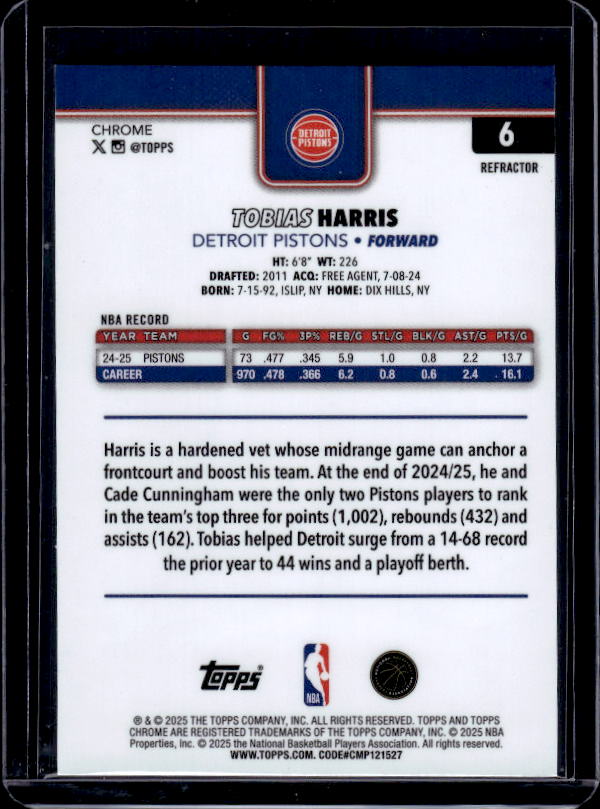 2025-26 Topps Chrome #6 Tobias Harris Refractor