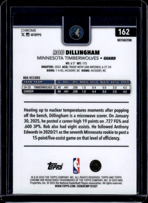 2025-26 Topps Chrome #162 Rob Dillingham Refractor