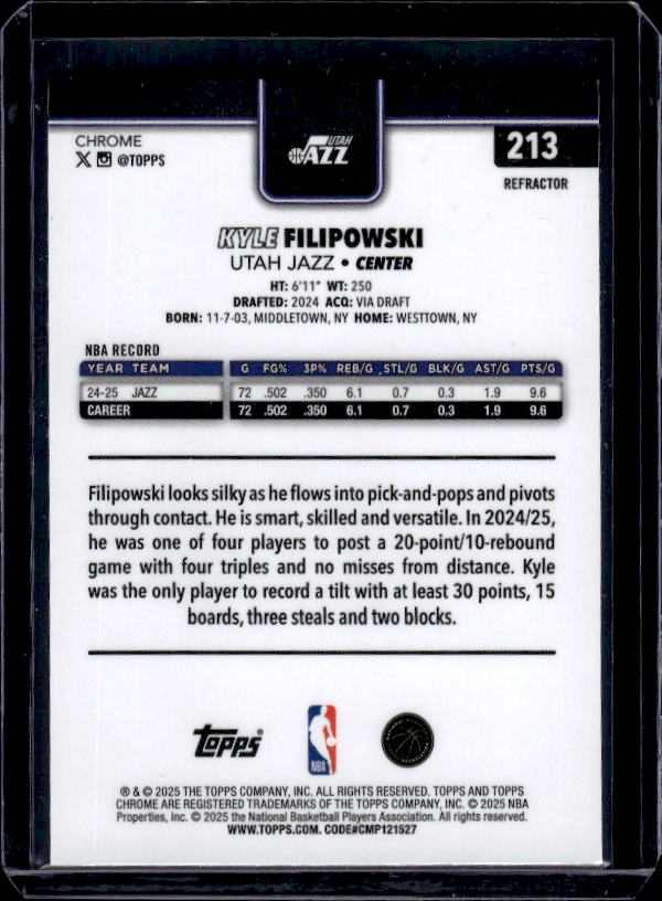 2025-26 Topps Chrome #213 Kyle Filipowski Refractor