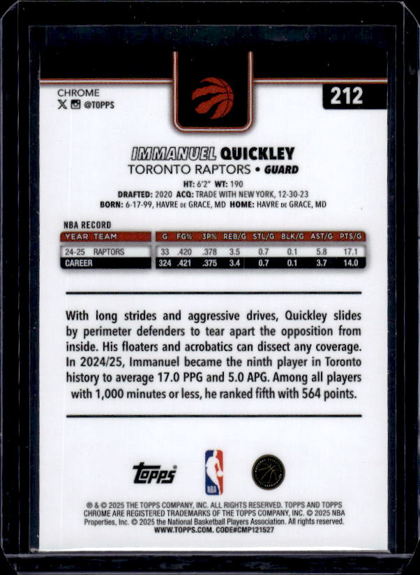 2025-26 Topps Chrome #212 Immanuel Quickley Refractor
