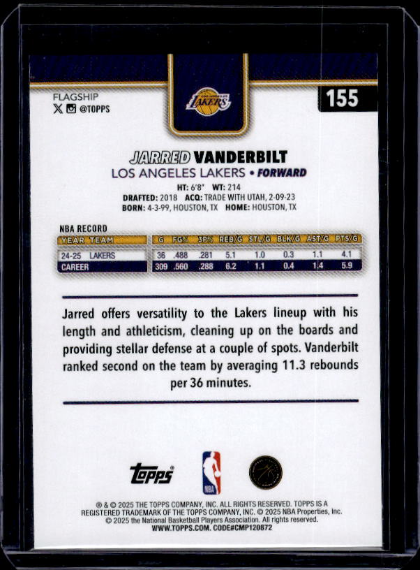 2025-26 Topps #155 Jarred Vanderbilt Rainbow Foilboard