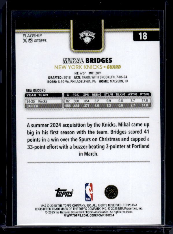2025-26 Topps #18 Mikal Bridges Blackout