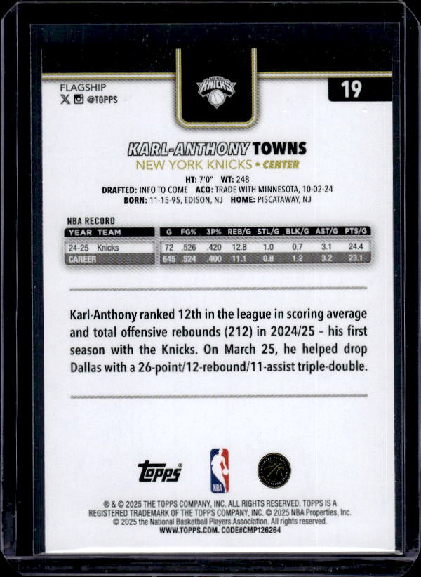 2025-26 Topps #19 Karl-Anthony Towns Blackout