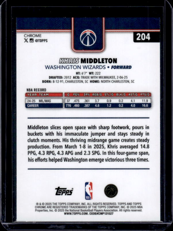 2025-26 Topps Chrome #204 Khris Middleton Purple Basketball Refractor #/75