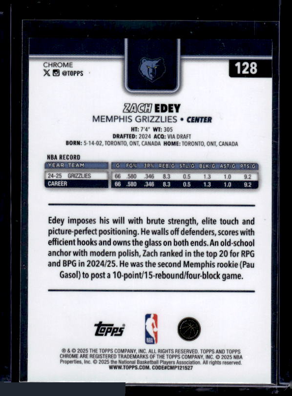 2025-26 Topps Chrome #128 Zach Edey Magenta Refractor #/399