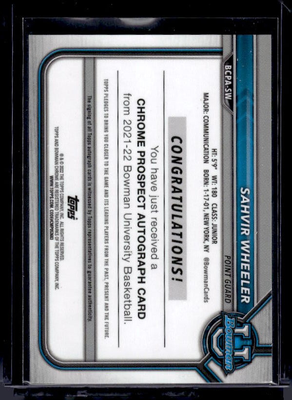 2021-22 Bowman University #BCPA-SW Sahvir Wheeler Chrome Prospect Autographs