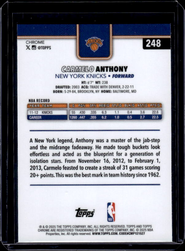 2025-26 Topps Chrome #248 Carmelo Anthony Basketball Refractor