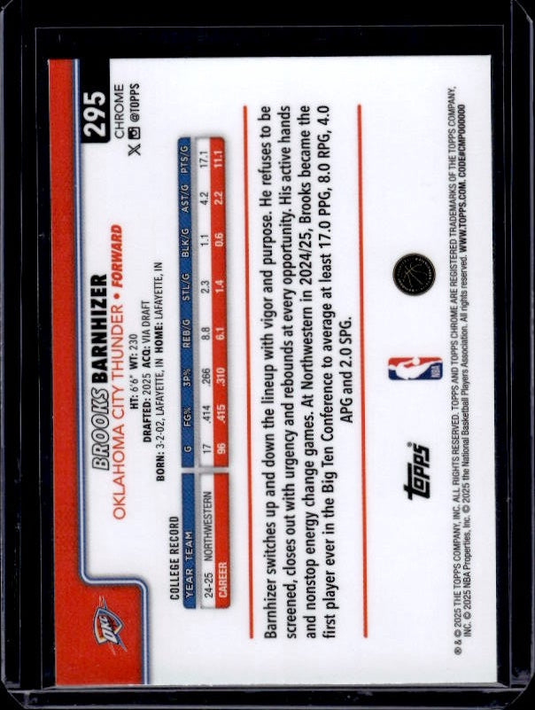 2025-26 Topps Chrome #295 Brooks Barnhizer Basketball Refractor
