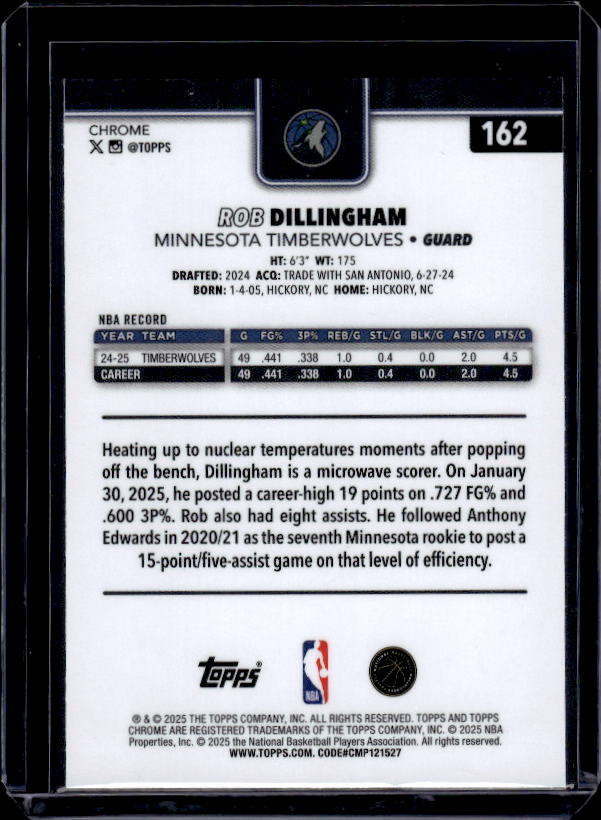 2025-26 Topps Chrome #162 Rob Dillingham Basketball Refractor