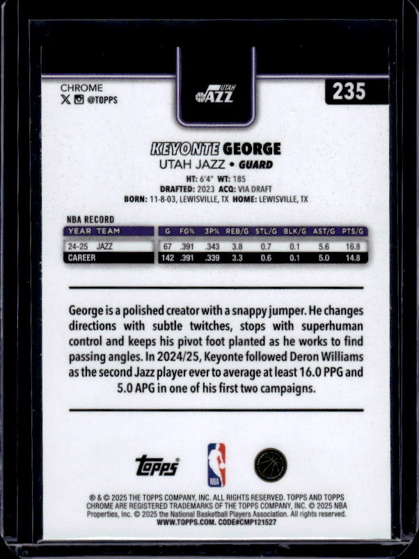 2025-26 Topps Chrome #235 Keyonte George Red White and Blue Refractor