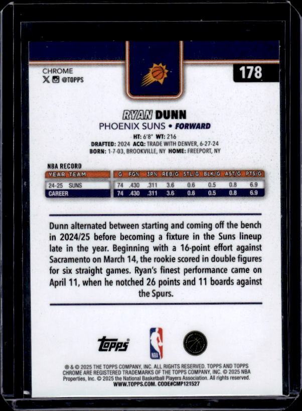 2025-26 Topps Chrome #178 Ryan Dunn Red White and Blue Refractor