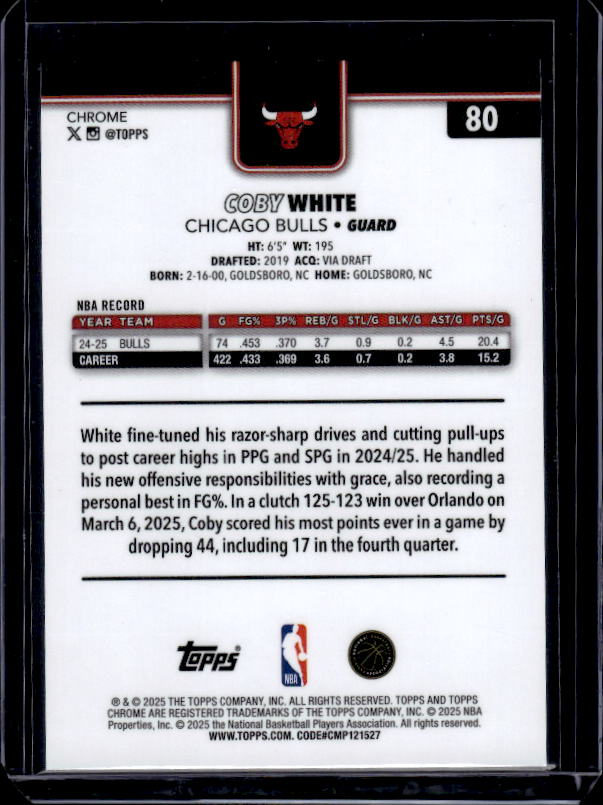 2025-26 Topps Chrome #80 Coby White RayWave Refractor