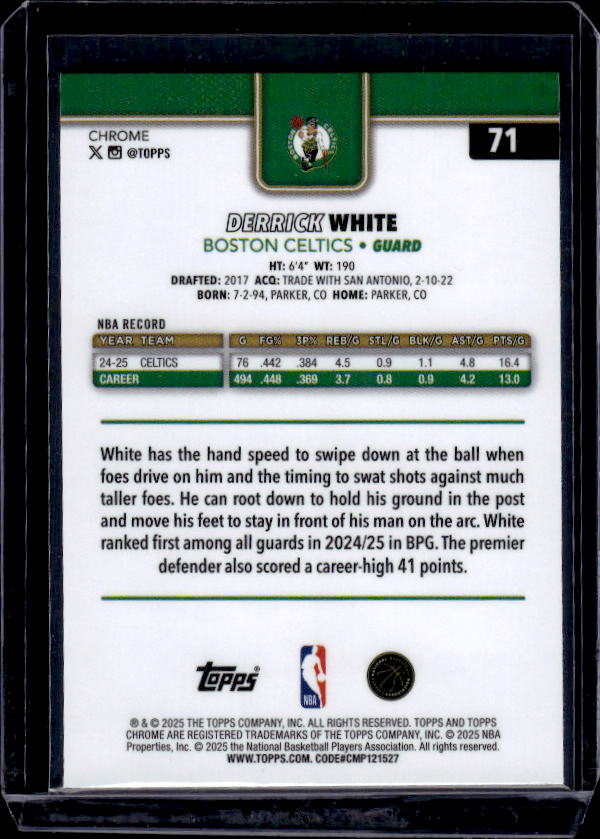 2025-26 Topps Chrome #71 Derrick White Refractor