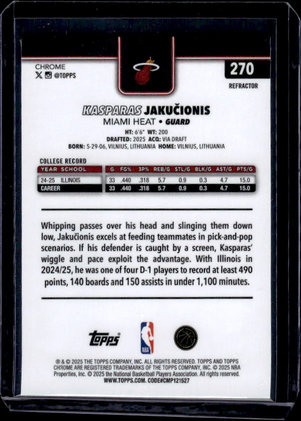 2025-26 Topps Chrome #270 Kasparas Jakučionis Basketball Refractor