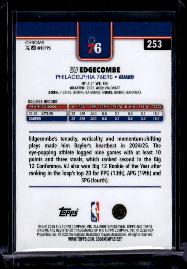 2025-26 Topps Chrome #253 VJ Edgecombe Basketball Refractor