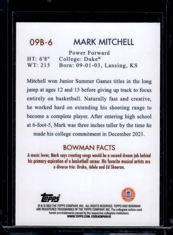 2022-23 Bowman University Chrome #09B-6 Mark Mitchell 2009 Bowman