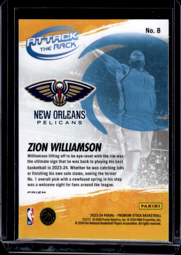 2023-24 Hoops Premium Stock #8 Zion Williamson Attack The Rack Silver Prizm