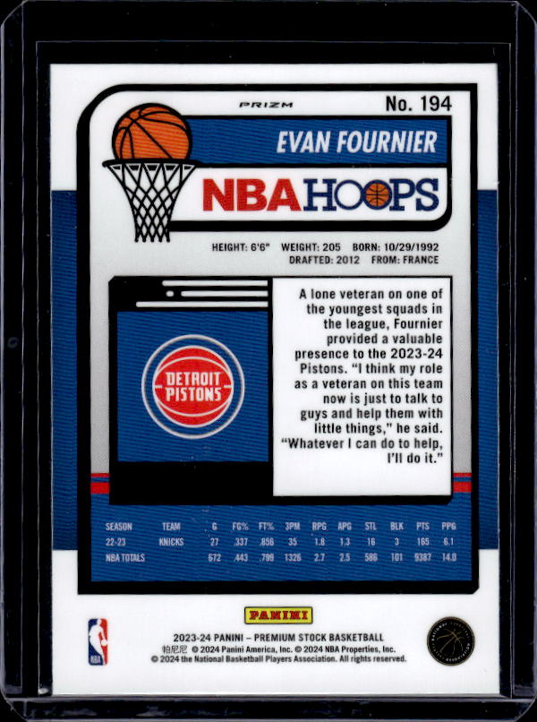 2023-24 Hoops Premium Stock #194 Evan Fournier Ice Prizm