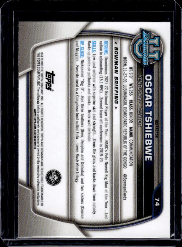 2022-23 Bowman University Chrome #74 Oscar Tshiebwe Refractor