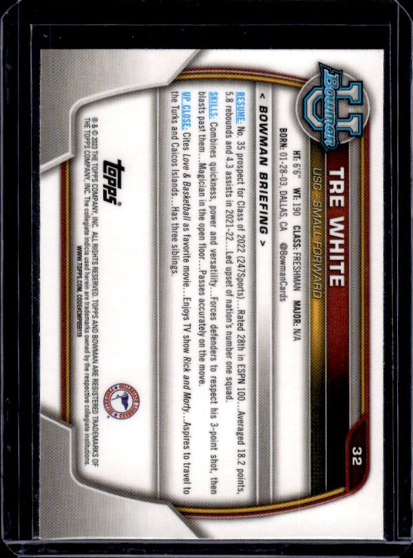 2022-23 Bowman University Chrome #32 Tre White Pink