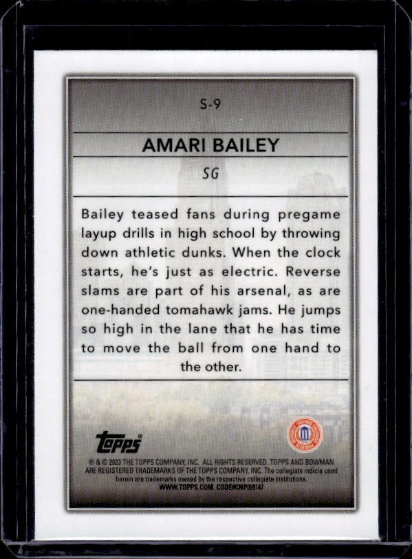 2022-23 Bowman University Chrome #S-9 Amari Bailey Skyscraping