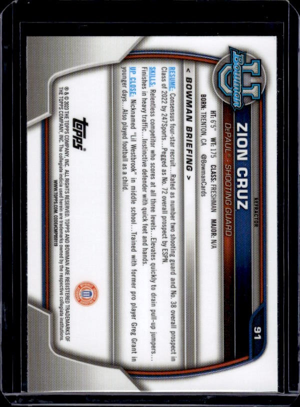 2022-23 Bowman University Chrome #91 Zion Cruz Refractor