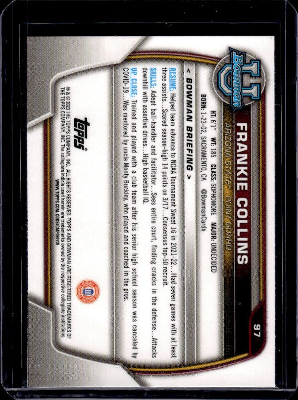 2022-23 Bowman University Chrome #97 Frankie Collins Pink