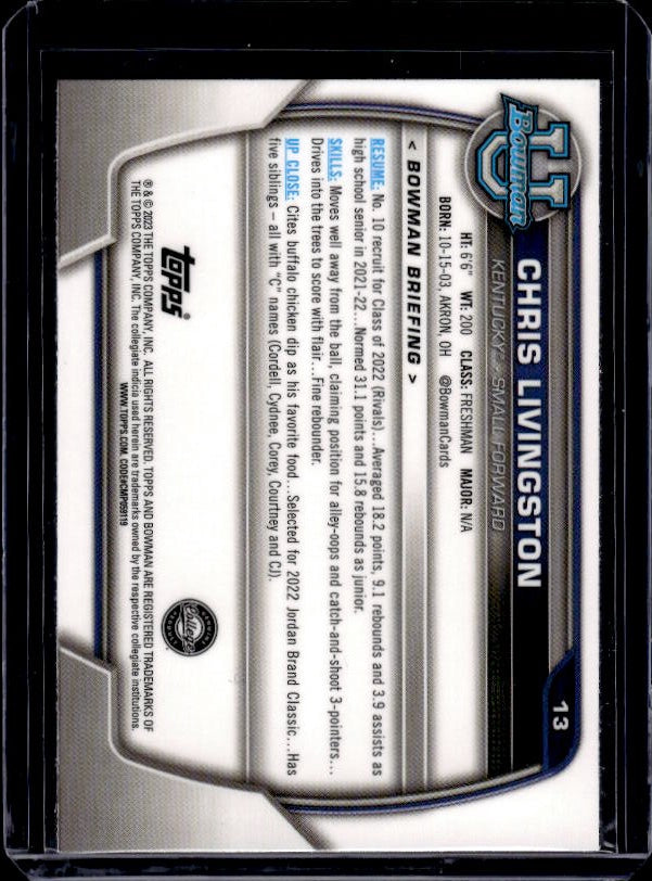 2022-23 Bowman University Chrome #13 Chris Livingston Pink