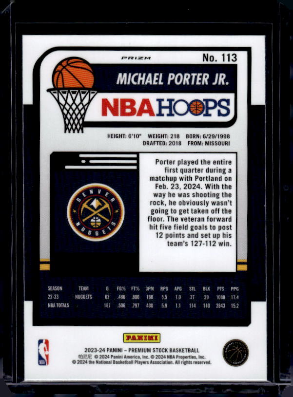 2023-24 Hoops Premium Stock #113 Michael Porter Jr. Silver Prizm